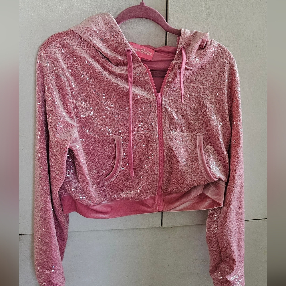 Sugar Thrillz Pink Sequin Velvet Zip-Up Hoodie